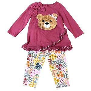 GoodLad Girls Long Sleeve Textured Bear Shirt Ruffles Bows & Floral Leggings Set